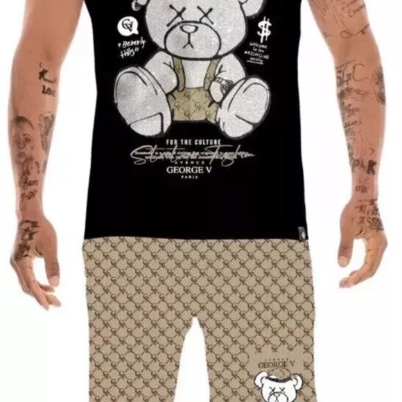 Avenue George V Paris Short Set Men's Black 2 piece set Teddy Bear Rhinestone L - Picture 4 of 10
